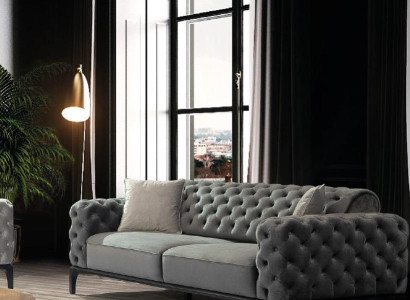 Sofa 3 Sitzer Dreisitzer Sofas Stoff Grau Wohnzimmer Chesterfield Neu